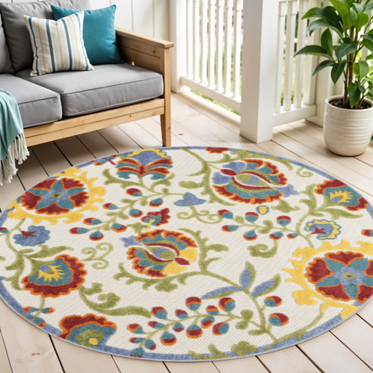 Edge Collections - 4' - Multicolor - Floral Round Area Rug for Indoor and Outdoor Spaces - 1 Piece